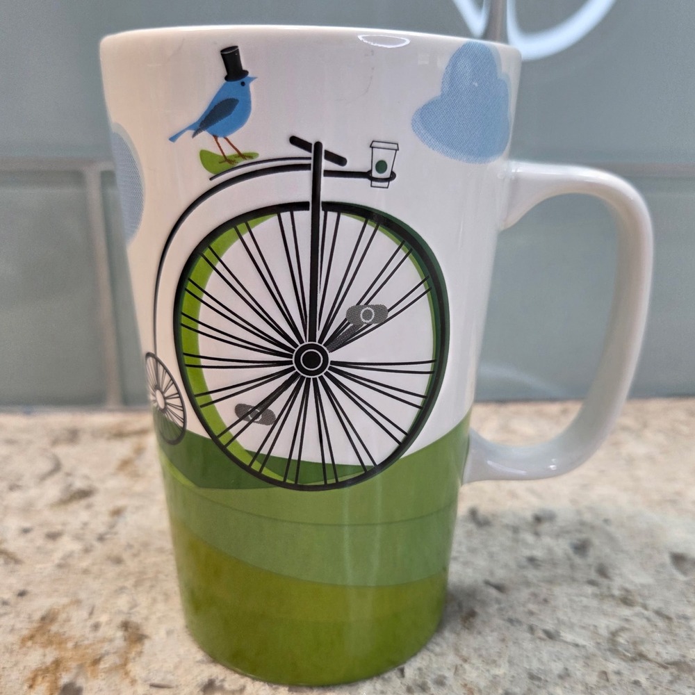 Starbucks 2014 Penny Farthing Bicycle Blue‎ Bird Coffee Mug 16oz Ceramic Cup